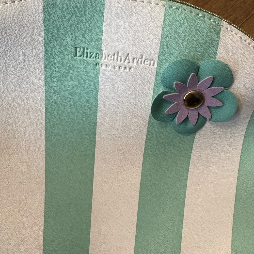 Elizabeth Arden Mint Green and White Striped Cosmetic Bag